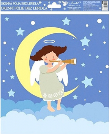 STICKERE. GHIRLANDE. AUTOCOLANTE.BALOANE - Sticker de iarna pentru geam - ingeras pe luna, 24 x 26.5 cm