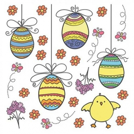 PASTI - Sticker geam cu motive de Pasti - oua colorate, flori si puisor, 30 x 33.5 cm