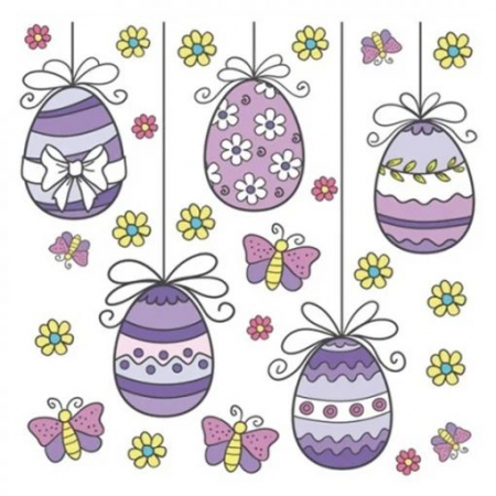 PASTI - Sticker geam cu motive Pasti – oua, fluturi si flori violet, 30 x 33.5 cm