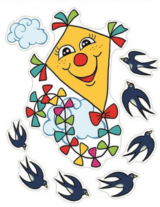 BUBURUZE - Sticker geam cu rândunele și zmeu portocaliu, 42 x 30 cm