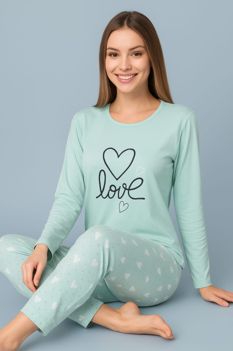 Pijama dama din bumbac 100%, Verde cu Inimioare [1]
