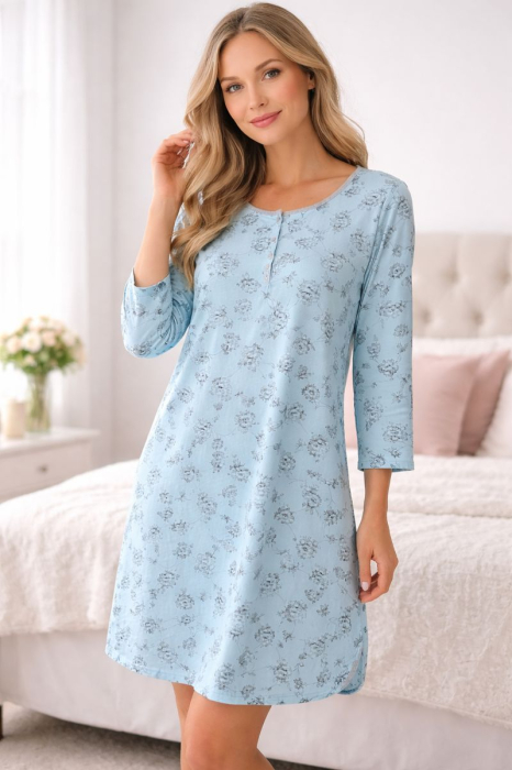 Cămașă de noapte damă albastru deschis cu imprimeu floral, mânecă lungă [2]