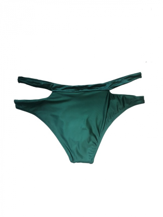 Costum de baie verde satinat, sutien cu cupe si benzi decorative, slip cu decupaje [3]