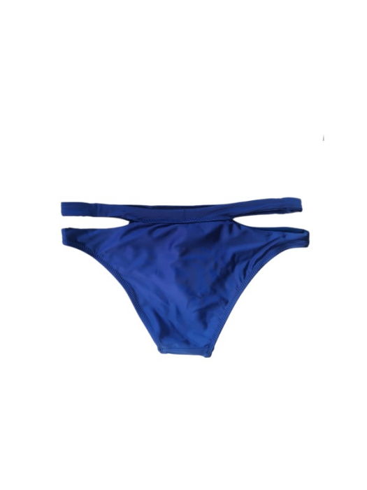 Costum de baie albastru satinat, sutien cu cupe si benzi decorative, slip cu decupaje [3]