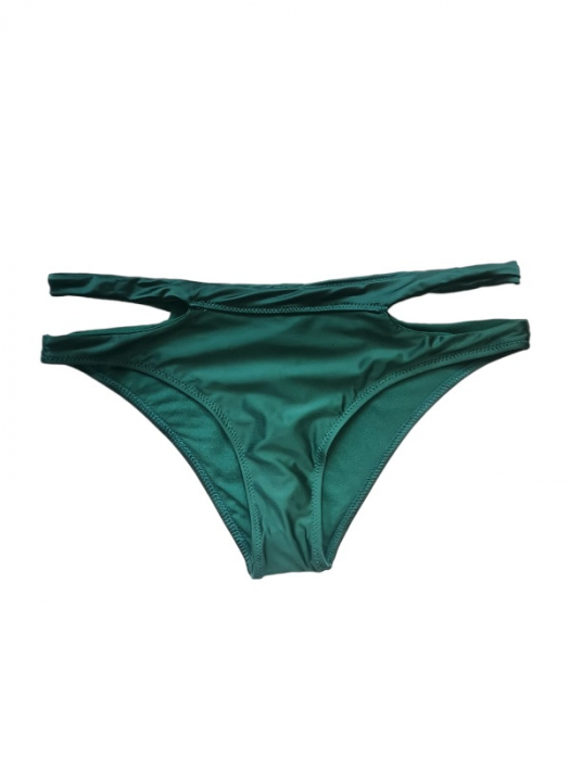 Costum de baie verde satinat, sutien cu cupe si benzi decorative, slip cu decupaje [2]