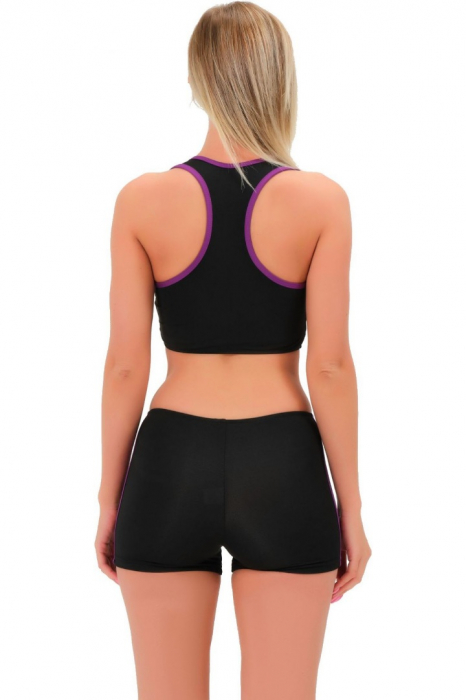 Costum de baie 2 piese, chilot tip boxeri, sutien tip bustiera, Negru cu Dungi Mov [6]