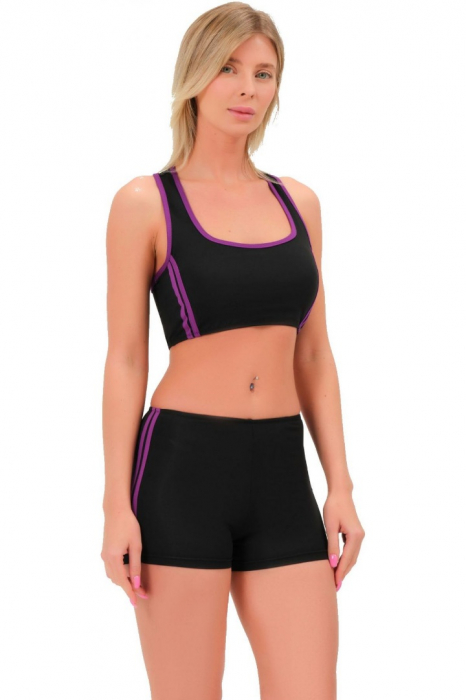 Costum de baie 2 piese, chilot tip boxeri, sutien tip bustiera, Negru cu Dungi Mov [3]