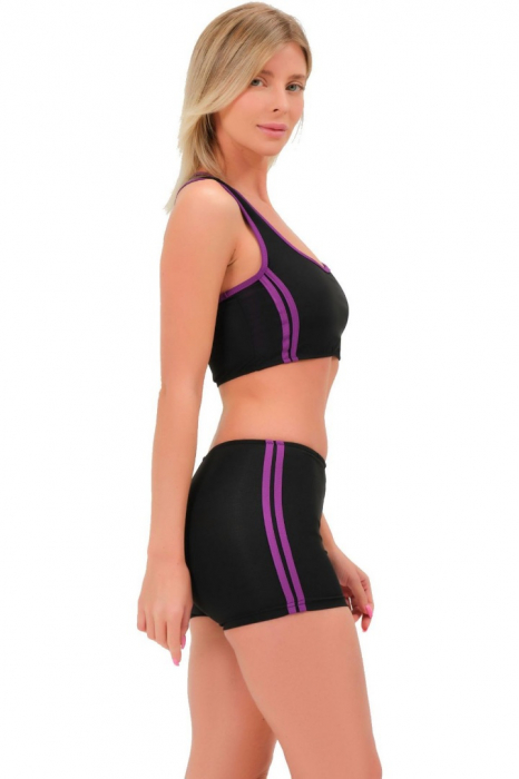 Costum de baie 2 piese, chilot tip boxeri, sutien tip bustiera, Negru cu Dungi Mov [5]