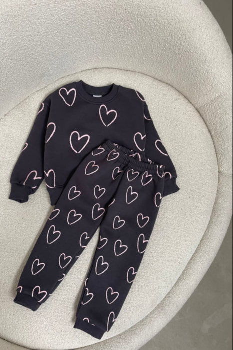 Pijama din Bumbac 100% cu Design Inimioare, Neagra 8-13 ani [1]