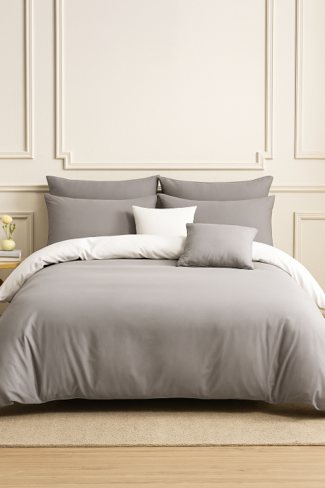 Lenjerie de pat de pat 3 piese, pentru o persona 140x200 cm, Gri cu Alb [1]