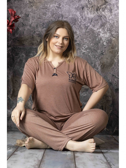Pijama Dama din Bambus, tricou si pantalon lung, Maro [3]