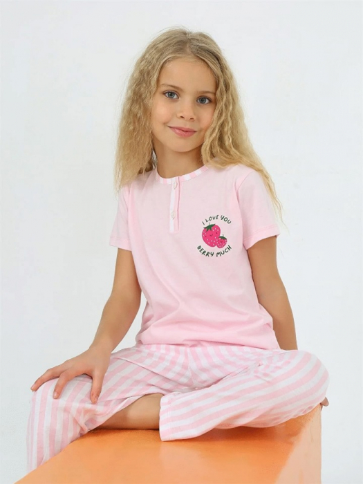 Pijama  Fete  Tricou si Pantalon Lung, Roz cu Dungi [3]