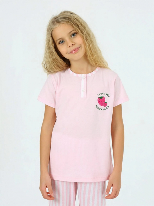 Pijama  Fete  Tricou si Pantalon Lung, Roz cu Dungi [4]