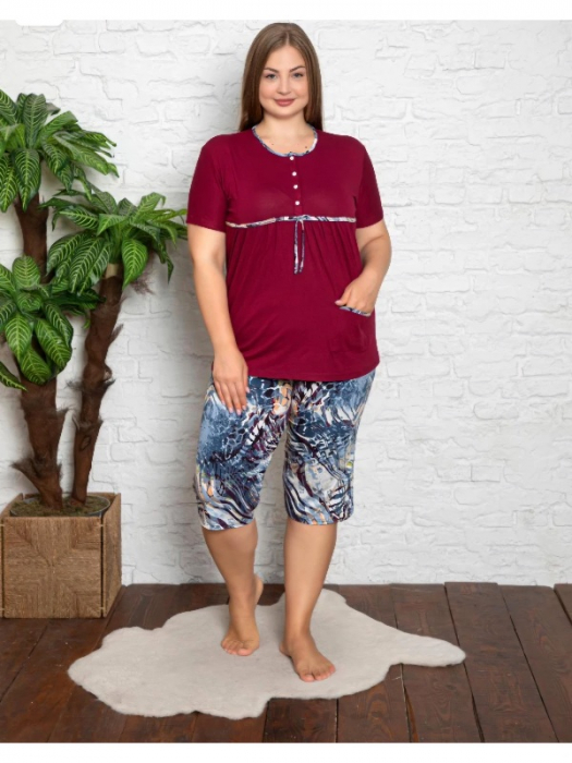 Pijama dama tricou si pantalon 3/4, marime mare, visiniu [2]