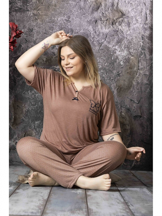 Pijama Dama din Bambus, tricou si pantalon lung, Maro [2]