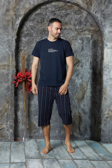 Pijama Bărbați Tricou și Pantalon 3/4 , Bleumarin cu Dungi [2]
