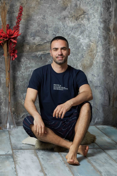 Pijama Bărbați Tricou și Pantalon 3/4 , Bleumarin cu Dungi [3]