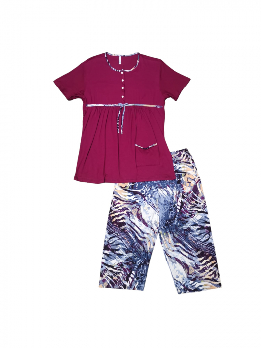 Pijama dama tricou si pantalon 3/4, marime mare, visiniu [4]