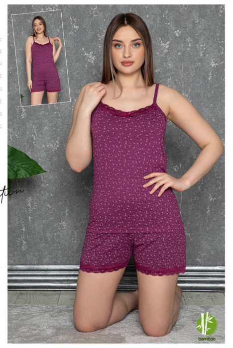 Pijama dama maiou si pantalon scurt, mov cu dantela [2]