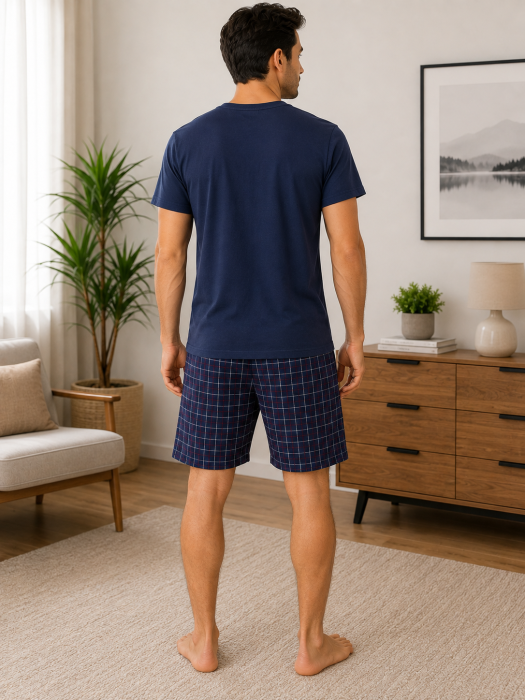 Pijama bărbătească bleumarin cu pantaloni în carouri – Bumbac 100% [2]
