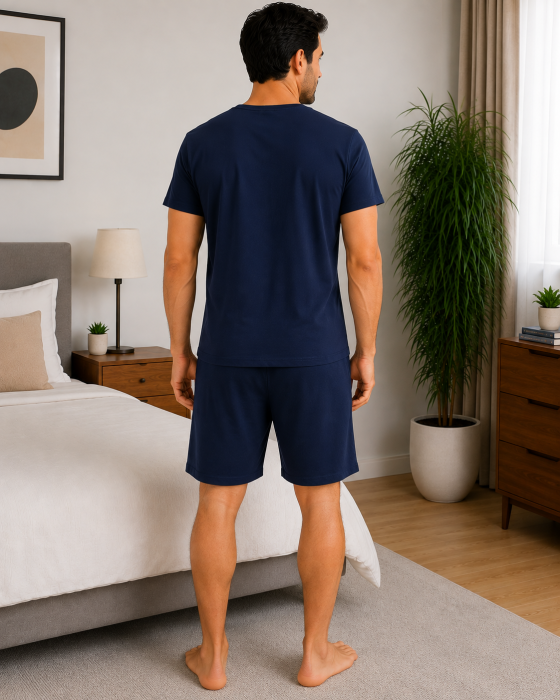 Pijama bărbătească de vară din bumbac, bleumarin, tricou cu imprimeu circular și pantaloni scurți [2]