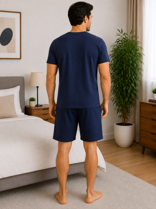 Pijama bărbătească din bumbac cu imprimeu Brooklyn, tricou bleumarin și pantaloni scurți bleumarin [2]