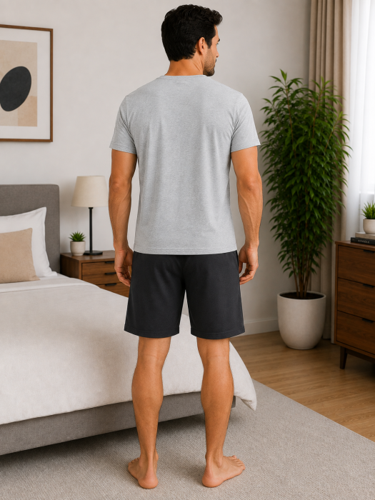 Pijama bărbătească din bumbac cu imprimeu „Time to Bed”, tricou gri și pantaloni scurți negri [2]