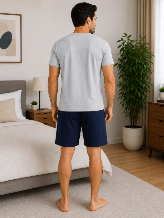Pijama bărbătească din bumbac cu tricou gri și pantaloni scurți bleumarin – Brooklyn [2]