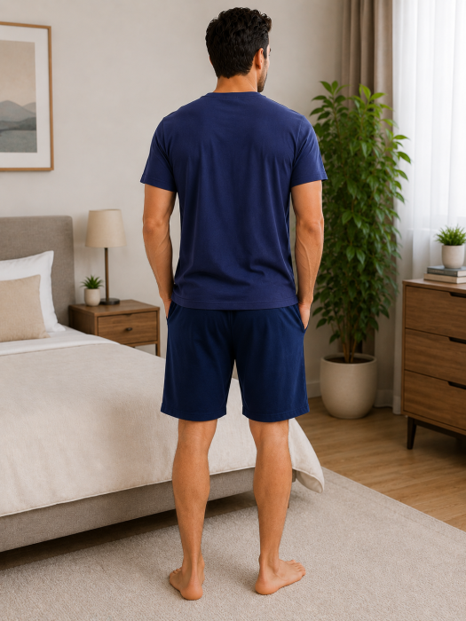 Pijama Bărbați Bleumarin – 100% Bumbac, Tricou cu Nasturi și Pantalon Scurt [2]