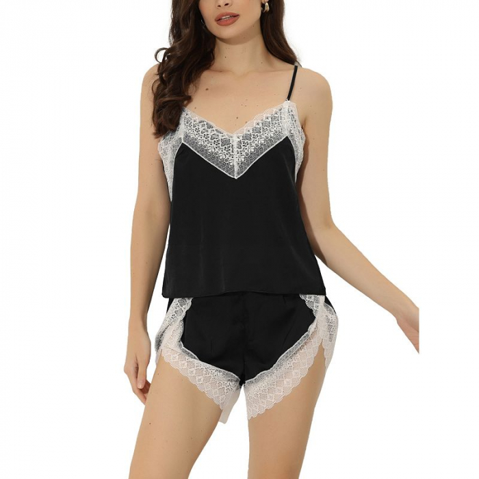 Pijama cu pantaloni scurit si Maeu din satin, Negru cu dantela [3]