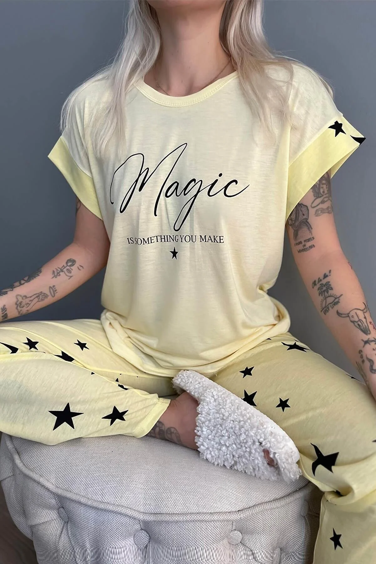 Pijama dama tricou și pantalon lung din bumbac, galben cu steluțe [4]