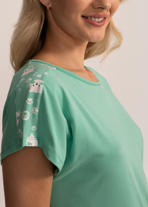 Pijama femei cu colanti trei sfert, din bumbac, Soft&Seven Sofiaman, Verde, Model cu Pisici [5]