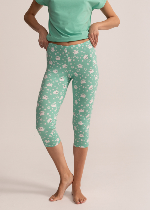 Pijama femei cu colanti trei sfert, din bumbac, Soft&Seven Sofiaman, Verde, Model cu Pisici [6]