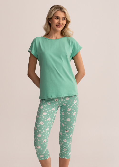 Pijama femei cu colanti trei sfert, din bumbac, Soft&Seven Sofiaman, Verde, Model cu Pisici [4]