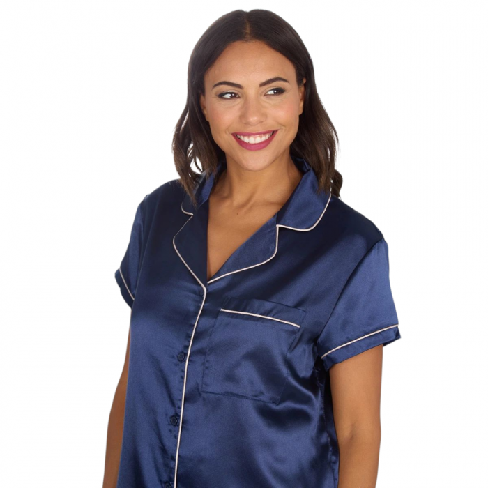 Pijama satin, camasa cu nasturi și pantaloni scurti, Bleumarin [2]