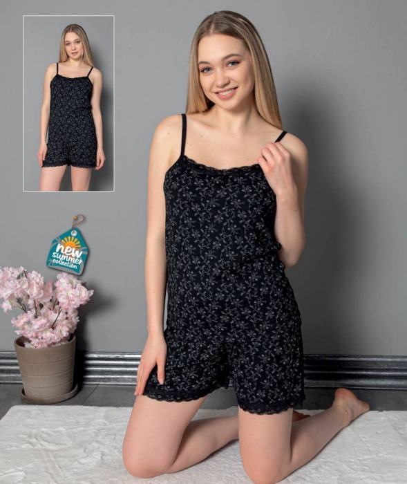Pijama maiou si pantalon scurt, negru cu dantela [2]