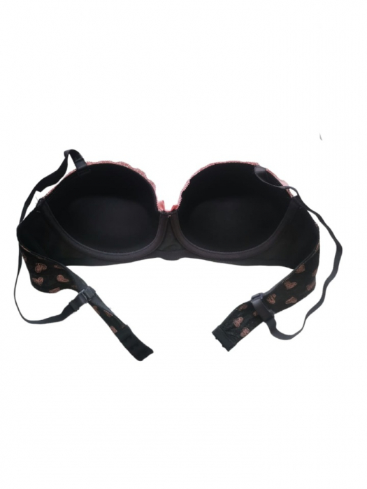 Set sutien si chilot, gri închis cu inimioare roz ,  sutien cu push-up si insertii de dantela, chilot tanga [6]