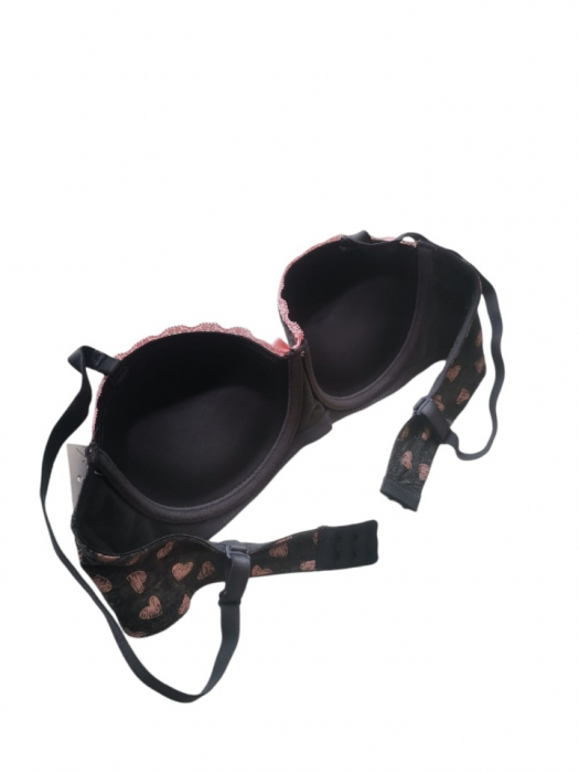 Set sutien si chilot, gri închis cu inimioare roz ,  sutien cu push-up si insertii de dantela, chilot tanga [7]