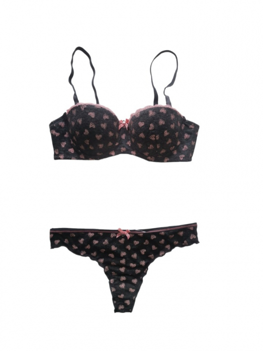 Set sutien si chilot, gri închis cu inimioare roz ,  sutien cu push-up si insertii de dantela, chilot tanga [10]