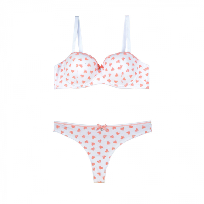 Set sutien si chilot, alb cu inimioare roz ,  sutien cu push-up si insertii de dantela, chilot tanga [2]