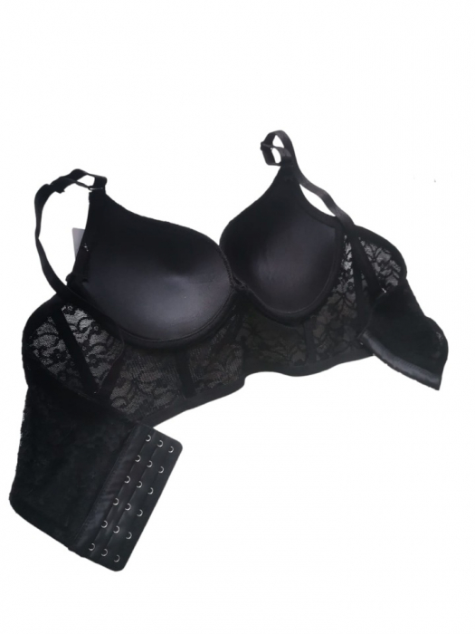 Set sutien și chilot din dantela, negru, sutien cu cupe stil bustiera, chilot tanga dantela [2]
