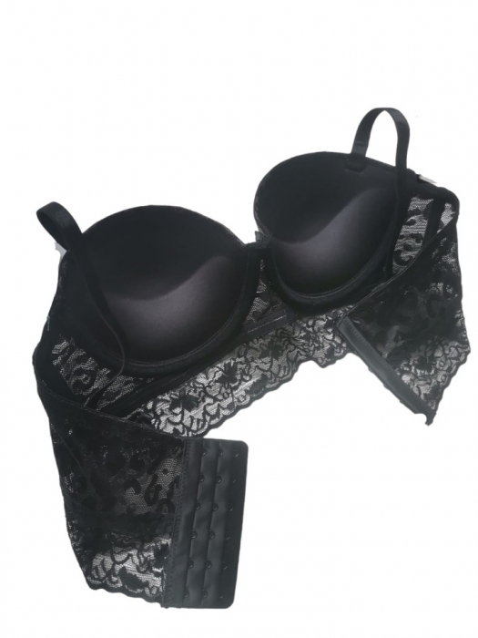 Sutien balconet tip bustiera cu push-up si dantela, negru [3]