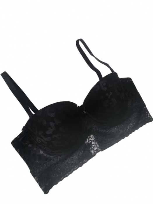 Sutien balconet tip bustiera cu push-up si dantela, negru [2]