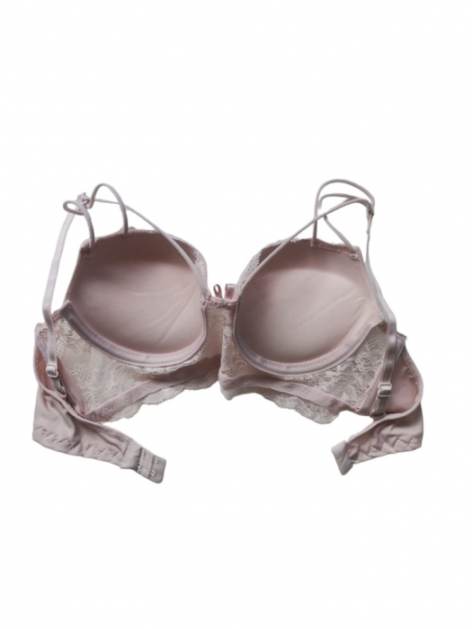 Sutien cu dublu push-up din dantela cu benzi decorative in fata, roz deschis [2]