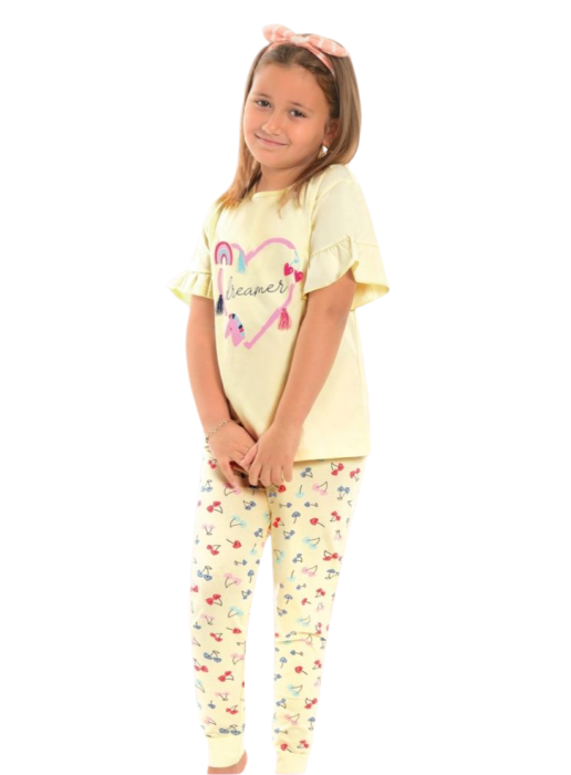 Pijama din Bumbac pentru Fetițe – Model Dreamer cu Inimă, Curcubeu și Ilustrații Colorate [1]