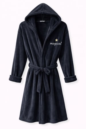 Halate - Halat de casă negru cocolino cu glugă, pufos și călduros – mărimi mari, model Magical