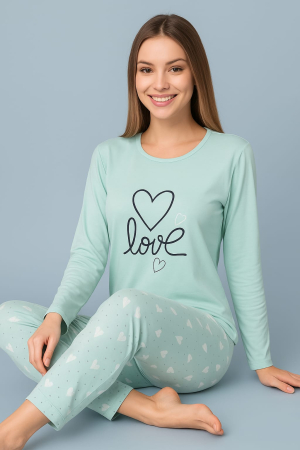 Pijamale - Pijama dama din bumbac 100%, Verde cu Inimioare