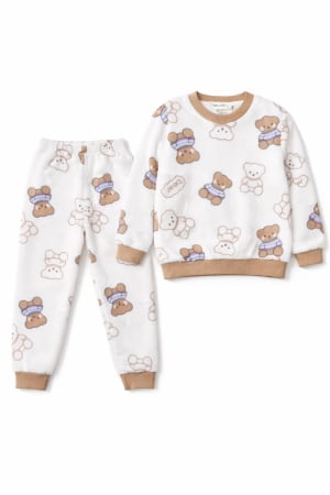 Băieți - Pijama copii din material pufos cu ursuleți – set bluză și pantaloni, alb-crem
