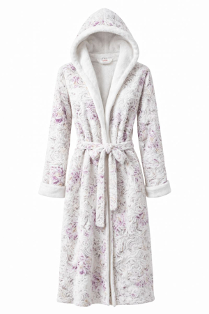 Halate - Halat de baie damă din velur, cu glugă și cordon – Floral Alb & Roz