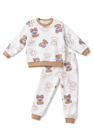 Pijama copii din material pufos cu ursuleți – set bluză și pantaloni, alb-crem [1]